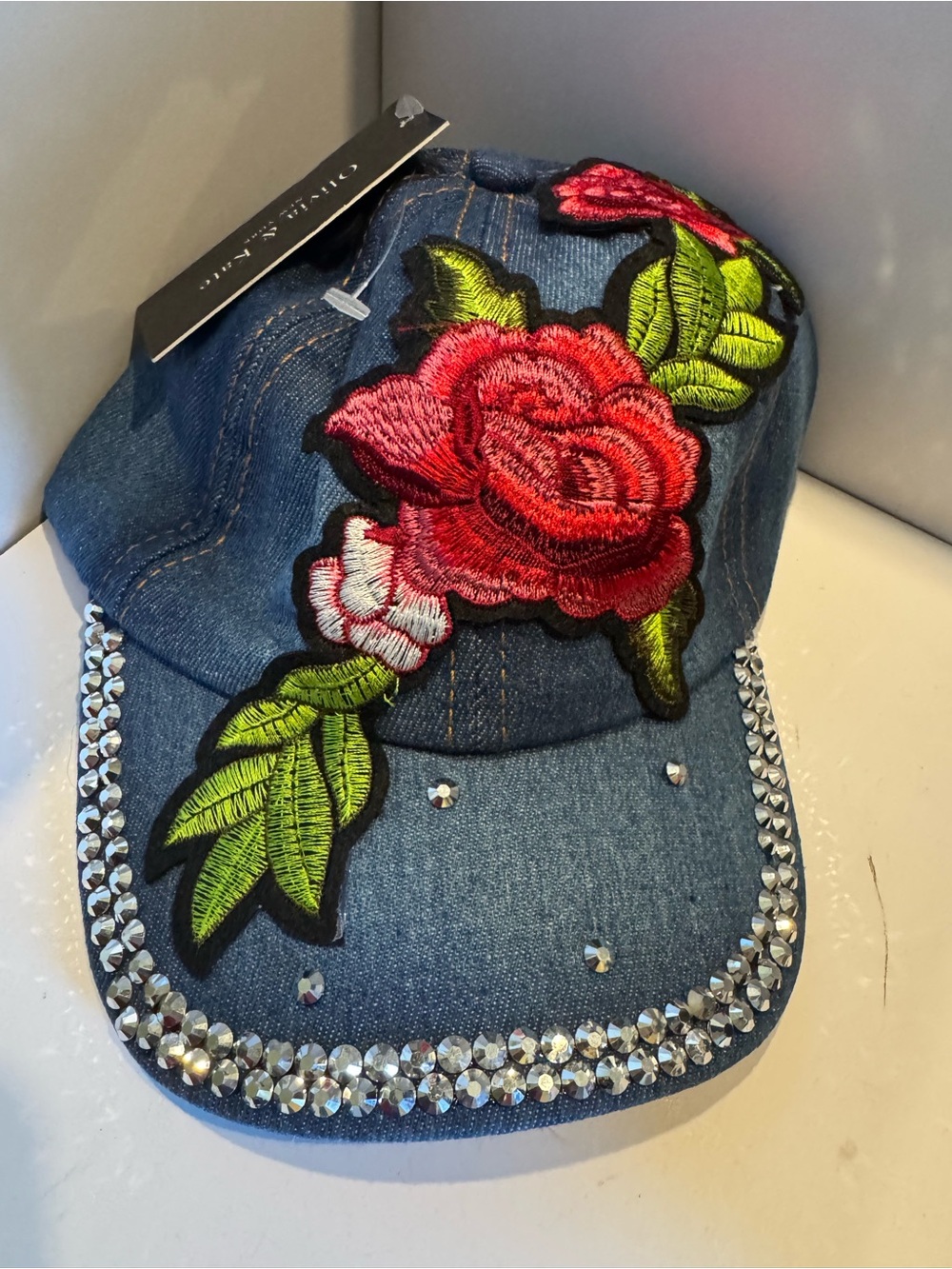 Olivia and Kate Denim Baseball Cap with Red Rose Embroidery and Rhinestones